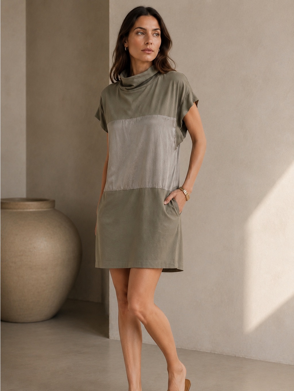 Brunello Cucinelli Olive Green Colorblock Midi Dress Silk Panel Italy Size S